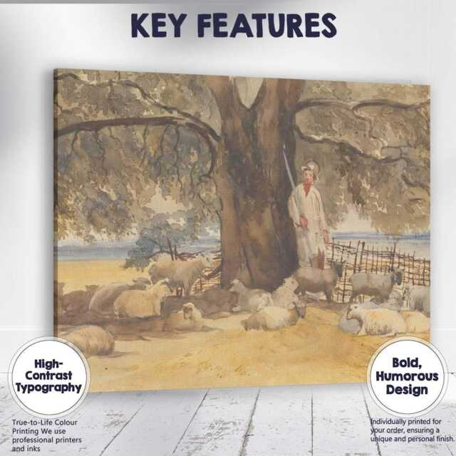 Rustic Shepherd With Sheep Beneath Oak Tree Watercolour Countryside Canvas Wall Art Print Decor Picture Ready To Hang - image 1