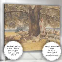 Rustic Shepherd With Sheep Beneath Oak Tree Watercolour Countryside Canvas Wall Art Print Decor Picture Ready To Hang - thumbnail 3