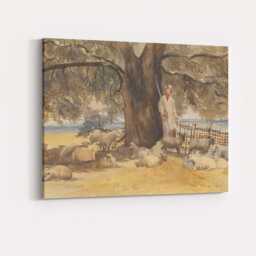 Rustic Shepherd With Sheep Beneath Oak Tree Watercolour Countryside Canvas Wall Art Print Decor Picture Ready To Hang - thumbnail 4