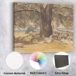 Rustic Shepherd With Sheep Beneath Oak Tree Watercolour Countryside Canvas Wall Art Print Decor Picture Ready To Hang - thumbnail 2