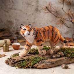 Hand-Carved Wood Tiger Figurine, Artisan Animal Sculpture, Jungle Nursery Decor, Statue