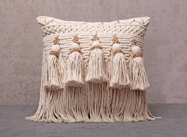 Off-White Cotton Macrame Bohemian, Bali Style Pillow Cover, Decorative Handmade Throw Cover, Embroidered Cover Wlcc040 - image 1