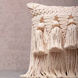 Off-White Cotton Macrame Bohemian, Bali Style Pillow Cover, Decorative Handmade Throw Cover, Embroidered Cover Wlcc040 - thumbnail 2