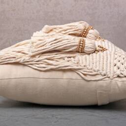 Off-White Cotton Macrame Bohemian, Bali Style Pillow Cover, Decorative Handmade Throw Cover, Embroidered Cover Wlcc040 - thumbnail 4