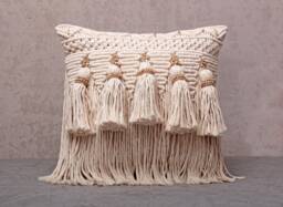 Off-White Cotton Macrame Pillow Cover, Boho Throw Cushion, Handmade Farmhouse Decor, 18x18