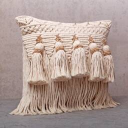 Off-White Cotton Macrame Bohemian, Bali Style Pillow Cover, Decorative Handmade Throw Cover, Embroidered Cover Wlcc040 - thumbnail 3