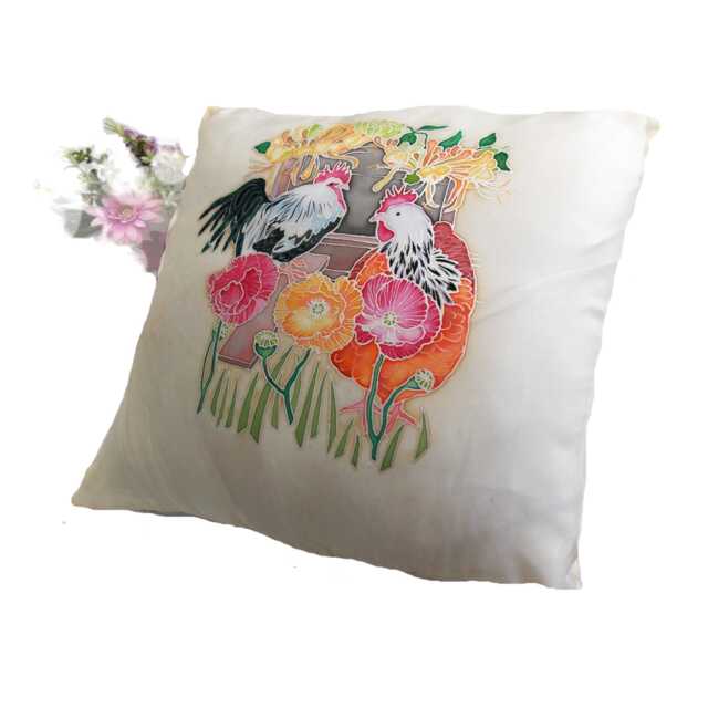 Hand-Painted Silk Cushion Cover Cottagecore Chicken & Poppies - image 1