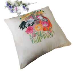 Hand-Painted Silk Cushion Cover Cottagecore Chicken & Poppies - thumbnail 3