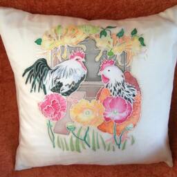 Hand-Painted Silk Cushion Cover Cottagecore Chicken & Poppies - thumbnail 2