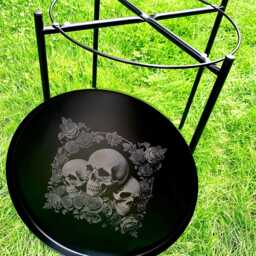 Black Metal Skull Engraved Tray Table Deluxe Skull & Rose Collection Coffee Side, End Bedside Etched Personalised Tattoo Goth Rock Art - thumbnail 2