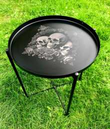 Black Metal Skull Engraved Tray Table Deluxe Skull & Rose Collection Coffee Side, End Bedside Etched Personalised Tattoo Goth Rock Art