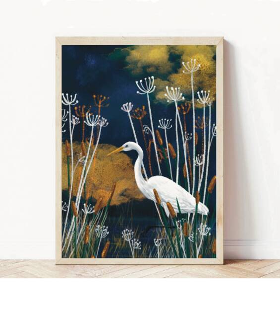 A3 A4 A5 Original Art Print - White Stork Lake Artwork Bird Poster Wildlife Wall Art Hunting - Birds - image 1