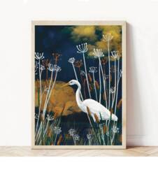 A3 A4 A5 Original Art Print - White Stork Lake Artwork Bird Poster Wildlife Wall Art Hunting - Birds