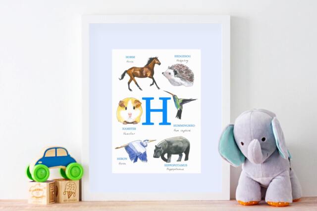 Animal Alphabet Print, Letter H, H Paintingchildren's Picture Nursery Print Childrens Bedroom Decoration