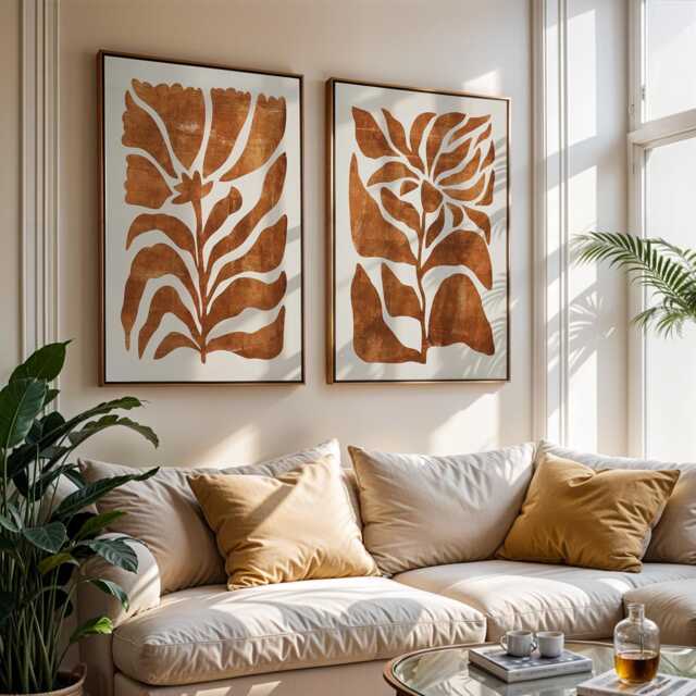 Set Of 2 Terracotta Botanical Prints - Abstract Leaf Wall Art Modern Organic Minimalist Posters For Kitchen Or Living Room - image 1