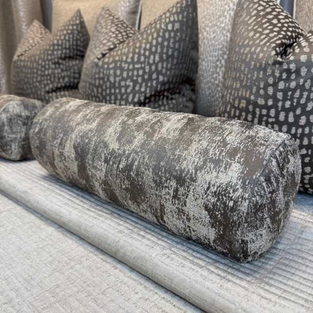 "Bolster Cushion - Ashley Wilde Curico Mole Fabric, Mink Brown Gold Shimmer, Duck Feather, 16""x6" - image 1