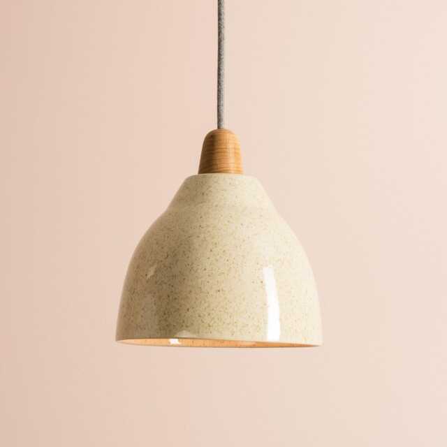 Speckled Cream Gloss Element Pendant Light in Ceramic & Oak - image 1