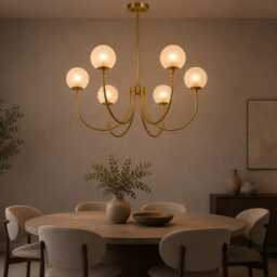 Unique Castle Style 6-Light Brass Chandelier - Brushed Globe Milky Glass Pendant Light Medieval Inspired - thumbnail 3