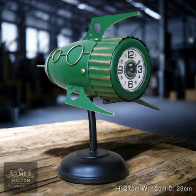 Retro Rocket Green Clock Spaceship Desk Vintage Style Metal Battery 28cm - image 1