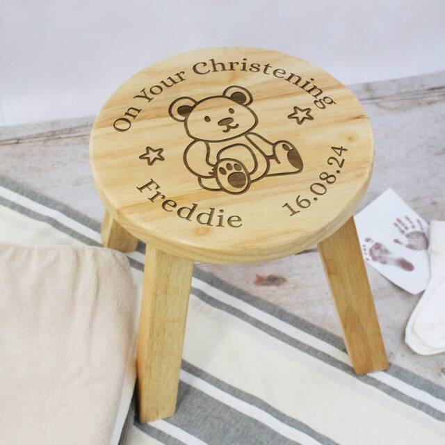 Personalised Child's Wooden Stool On Your Christening Chair Name & Date Baby Gift For Daughter Son Godson Goddaughter - image 1