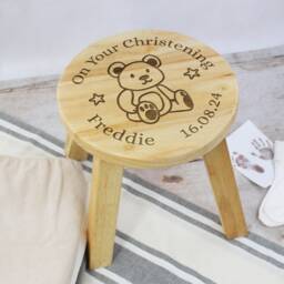 Personalised Child's Wooden Stool On Your Christening Chair Name & Date Baby Gift For Daughter Son Godson Goddaughter