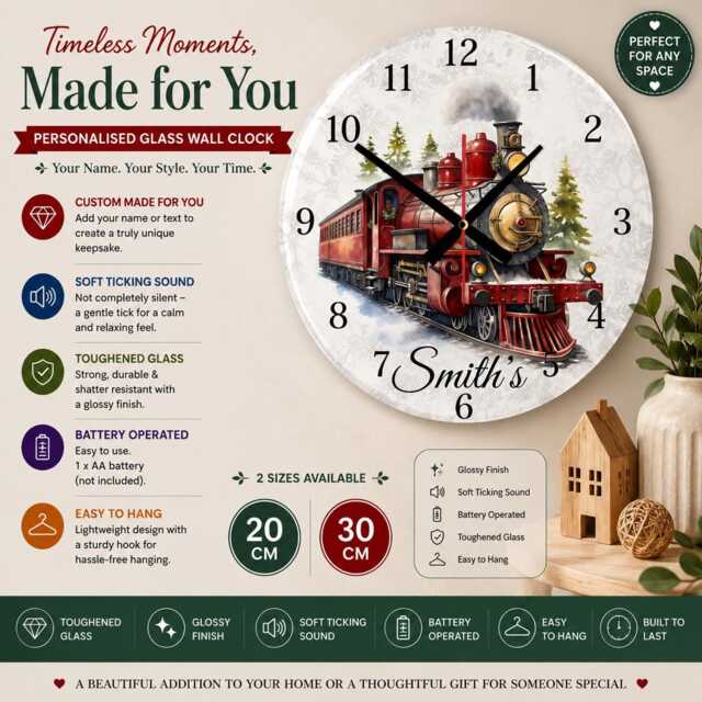 Christmas Train Glass Wall Clock - Silent Ticking, 20cm & 30cm Sizes Festive Holiday Decor - image 1