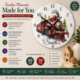 Christmas Train Glass Wall Clock - Silent Ticking, 20cm & 30cm Sizes Festive Holiday Decor - thumbnail 1