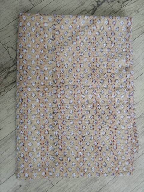 Beige Throw Beautiful Print Indian Handmade Kantha Bedspread Quilt Size Multi - image 1