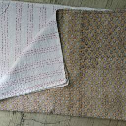 Beige Throw Beautiful Print Indian Handmade Kantha Bedspread Quilt Size Multi - thumbnail 3