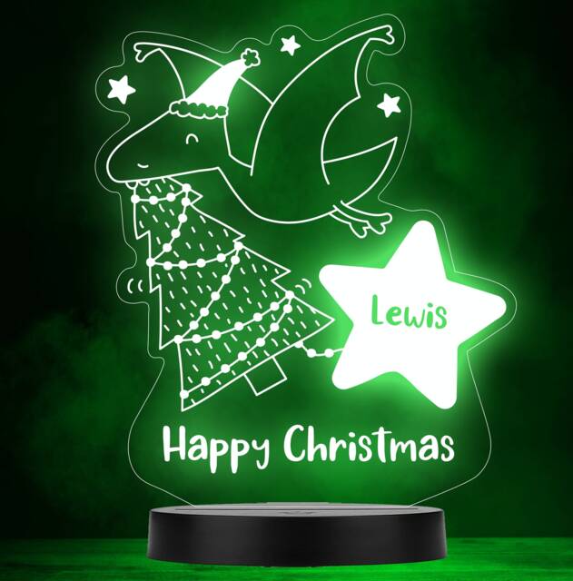 Dinosaur Happy Christmas Tree Star Personalised Colour Change Lamp Night Light - image 1