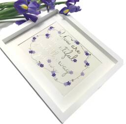 You Are Beautiful Wall Art, Shiny Gold Quote Cutout Letters With Purple Flower Border, Believe in Yourself, Affirmation Gift - thumbnail 1