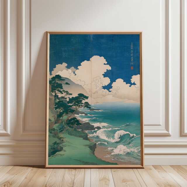 Japanese Woodblock Coastal Poster - Blue Green Seascape Art Vintage Ocean Landscape Print - image 1