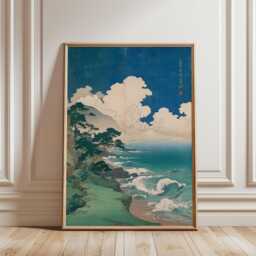 Japanese Woodblock Coastal Poster - Blue Green Seascape Art Vintage Ocean Landscape Print - thumbnail 1