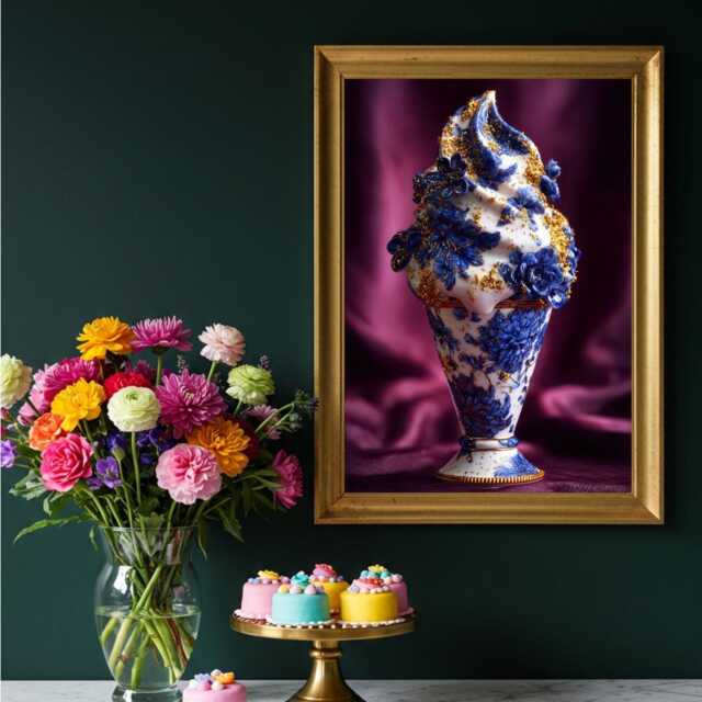 Chinoiserie Ice Cream Wall Art - Blue & White Porcelain Style Print Maximalist Dessert Decor - image 1