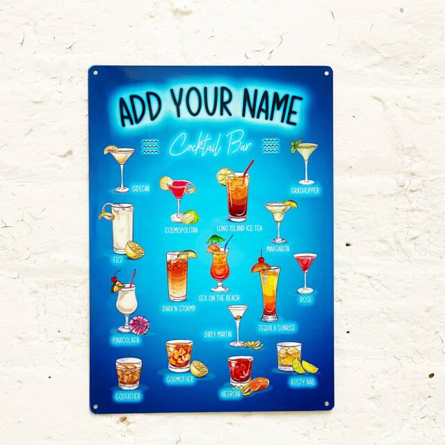 Personalized Cocktail Bar Metal Sign - Neon Effect Wall Art - image 1