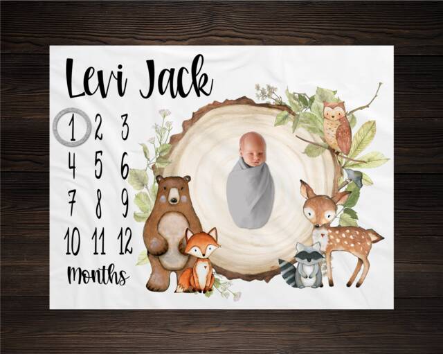 Woodland Milestone Blanket, Monthly Growth Tracker, Personalized Baby Custom Shower Gift, New Boy - image 1