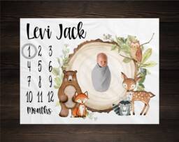 Woodland Milestone Blanket, Monthly Growth Tracker, Personalized Baby Custom Shower Gift, New Boy - thumbnail 1