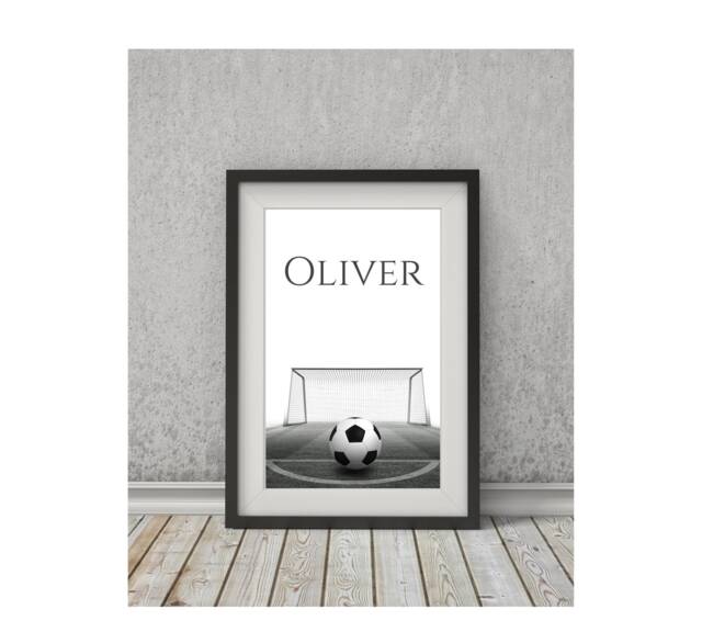Football Print, Personalised Grey Footballer Boys Name Girls Football, Kids Bedroom, Black & White - image 1