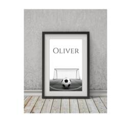 Football Print, Personalised Grey Footballer Boys Name Girls Football, Kids Bedroom, Black & White - thumbnail 1