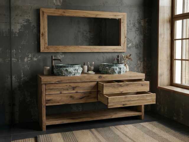 Rustic Oak Bathroom Vanity Double Sink - Reclaimed Solid Wood Cabinet With Storage Shelf - image 1