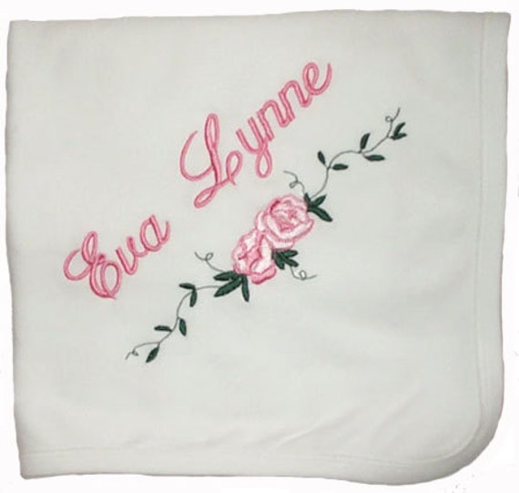 White Cotton Interlock Baby Blanket With Flower Embroidery & Personalized - image 1