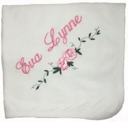 White Cotton Interlock Baby Blanket With Flower Embroidery & Personalized - thumbnail 1