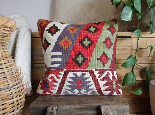 Vintage Kilim Pillow Cover - Handwoven Wool Rug Cushion, 16 Inch - image 1