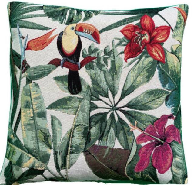 Tropical Woven Tapestry Cushion Cover Floral Toucan Parrot 16-22 In - image 1