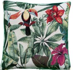 Tropical Woven Tapestry Cushion Cover Floral Toucan Parrot 16-22 In - thumbnail 1