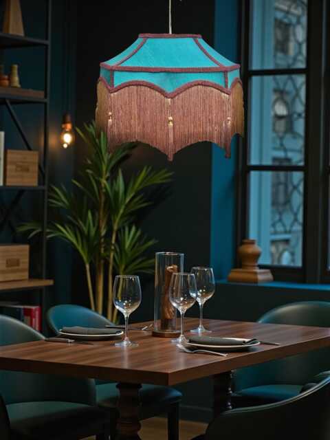 Bespoke Handmade Teal Blue Fabric Pendant Lampshade Ceiling Lights, Chandeliers, Downton Abbey Style, Antique Gold Fringe - image 1