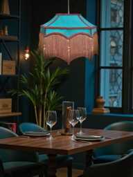 Handcrafted Bespoke Teal Blue Fabric Pendant Lampshade Downton Abbey Style, Antique Gold Fringe, UK Made
