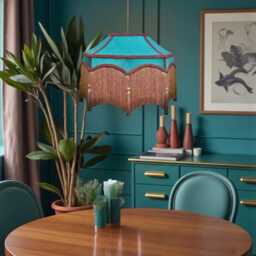 Bespoke Handmade Teal Blue Fabric Pendant Lampshade Ceiling Lights, Chandeliers, Downton Abbey Style, Antique Gold Fringe - thumbnail 2