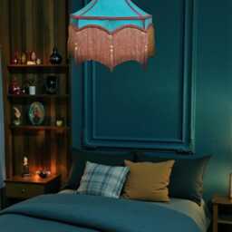 Bespoke Handmade Teal Blue Fabric Pendant Lampshade Ceiling Lights, Chandeliers, Downton Abbey Style, Antique Gold Fringe - thumbnail 3