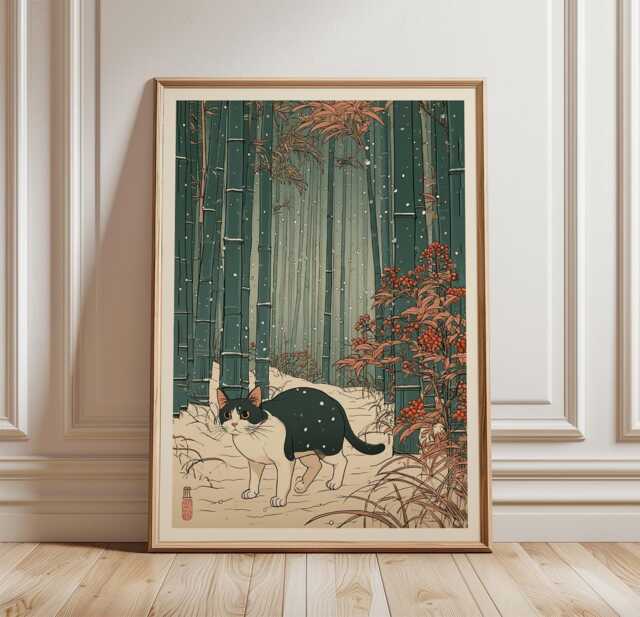 Cat Bamboo Forest Poster, Japanese Animal Print, Nature Wall Art - image 1